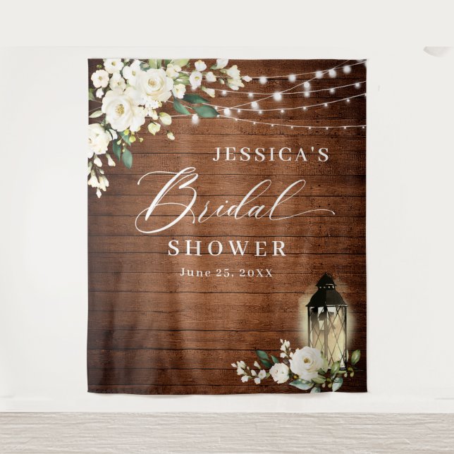 White Roses Lantern Wood Bridal Shower Backdrop Tapestry (Front)
