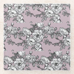 white roses lavender background glass coaster