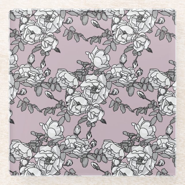 white roses lavender background glass coaster (Front)