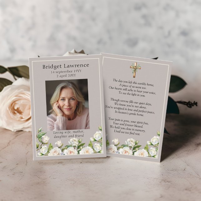White roses memorial photo taupe prayer card (Creator Uploaded)