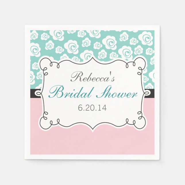 White Roses on Aqua & Pink Bridal Shower Napkin (Front)