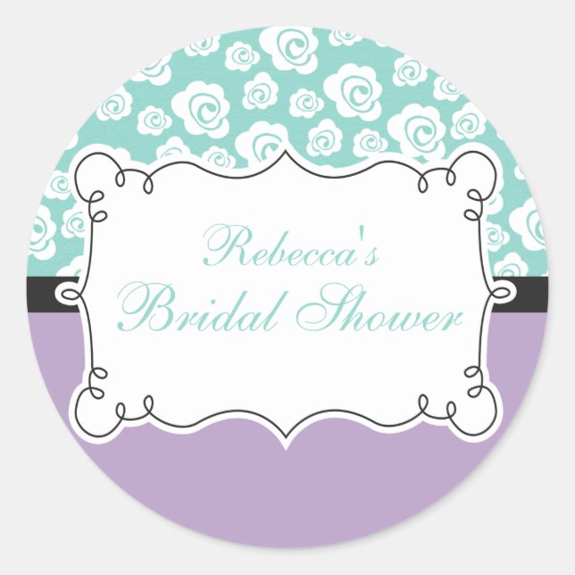 White Roses on Aqua & Purple Bridal Shower Classic Round Sticker (Front)