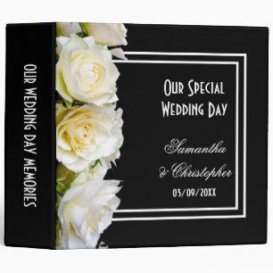 White roses on black floral bouquet wedding binder