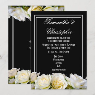 White roses on black floral wedding invitation
