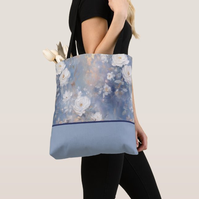 White Roses on Blue Background, Colour Block Tote Bag (Close Up)