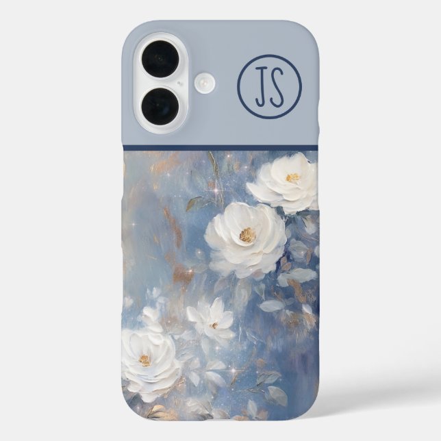 White Roses on Blue Background Monogrammed Case-Mate iPhone Case (Back)
