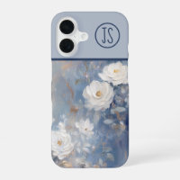 White Roses on Blue Background Monogrammed