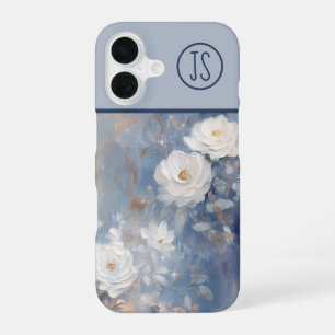 White Roses on Blue Background Monogrammed iPhone 16 Case