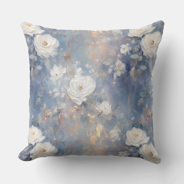 White Roses on Blue Background Oil Paint Style Throw Pillow (Front)