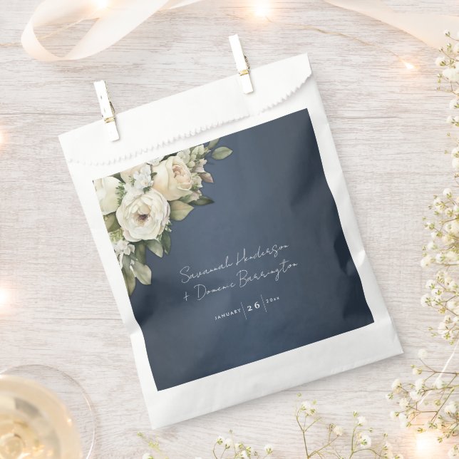 White Roses on Dusty Blue Wedding  Favour Bag (Clipped)