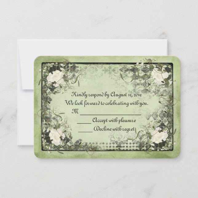 white roses on green with black frame RSVP Card (Front)