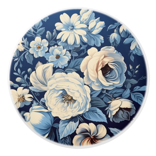 White Roses on Indigo Blue Background Ceramic Knob (Front)