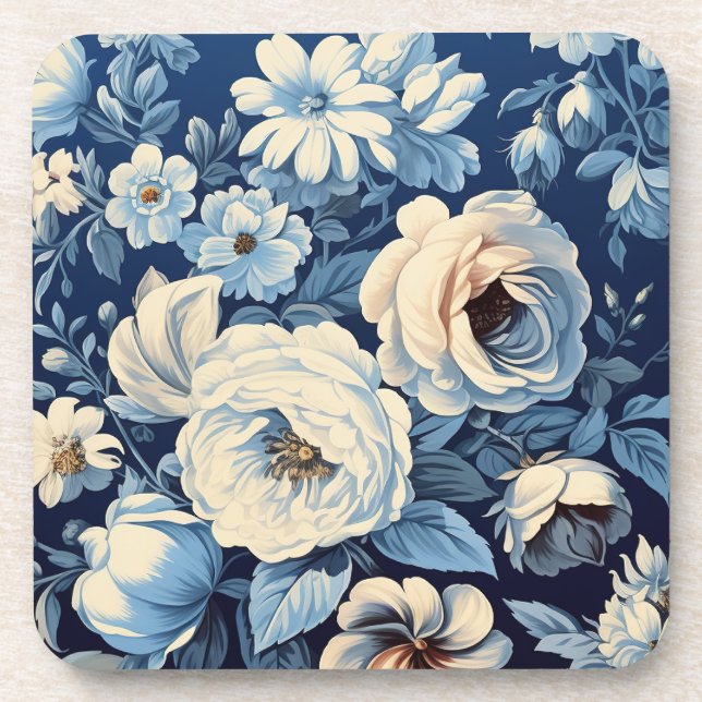 White Roses on Indigo Blue Background Coaster (Front)