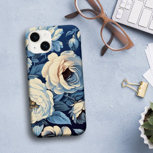 White Roses on Indigo Blue Background iPhone 14 Case