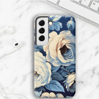 White Roses on Indigo Blue Background