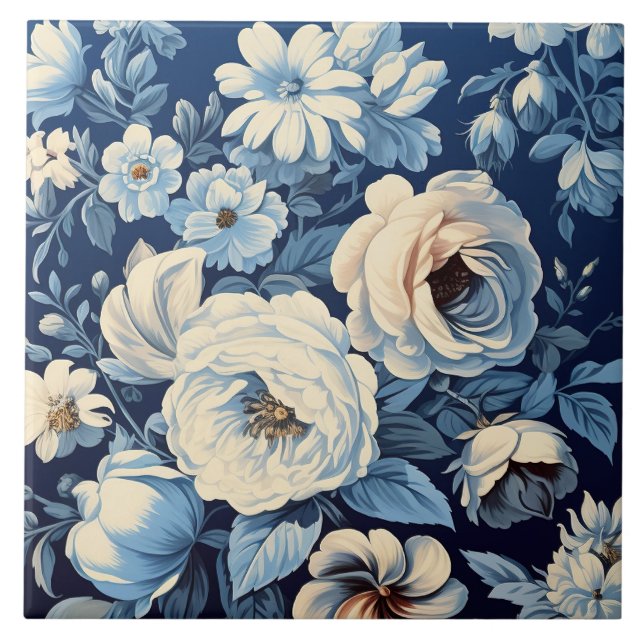 White Roses on Indigo Blue Background Tile (Front)