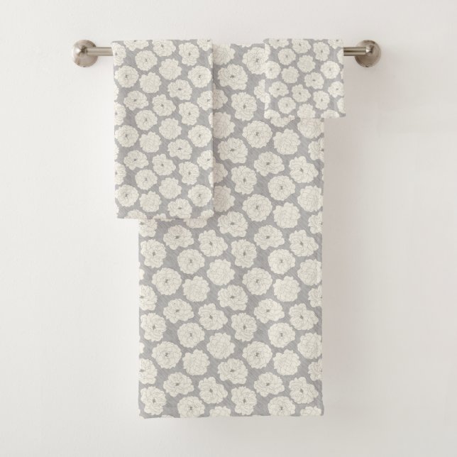 White Roses on Light Grey - seamless pattern. Bath Towel Set (Insitu)