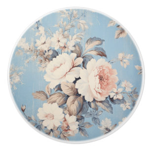 White Roses on Rustic Blue Background Ceramic Knob