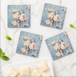White Roses on Rustic Blue Background Coaster Set<br><div class="desc">Lush antique white roses and wildflowers on rustic blue background.</div>