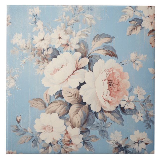 White Roses on Rustic Blue Background Tile (Front)