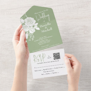 White Roses on Sage All in One Wedding Invite