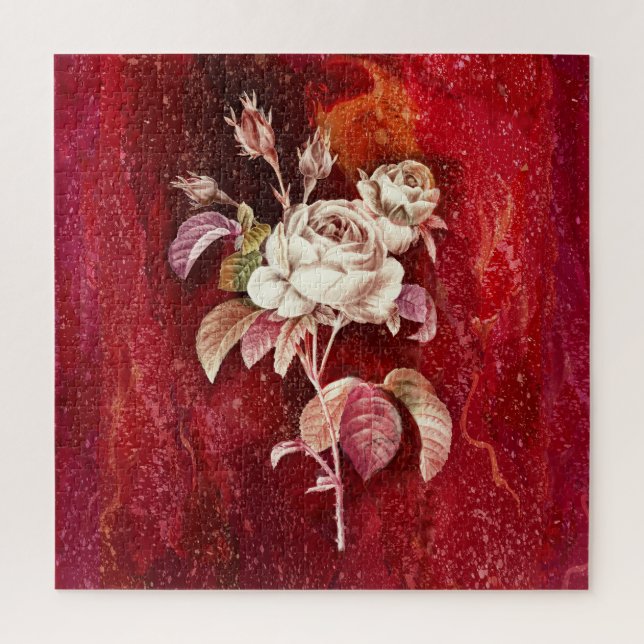 White Roses on Textured Red Backdrop Jigsaw Puzzle (Vertical)
