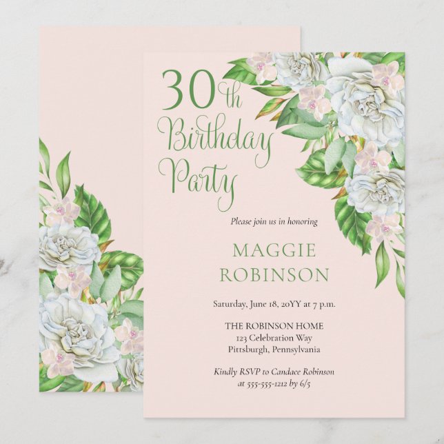 White Roses | Orchids 30th Wedding Birthday Party  Invitation (Front/Back)
