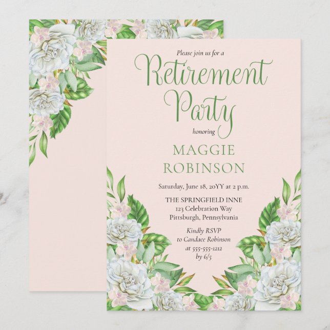 White Roses | Orchids Boho Floral Retirement Party Invitation (Front/Back)