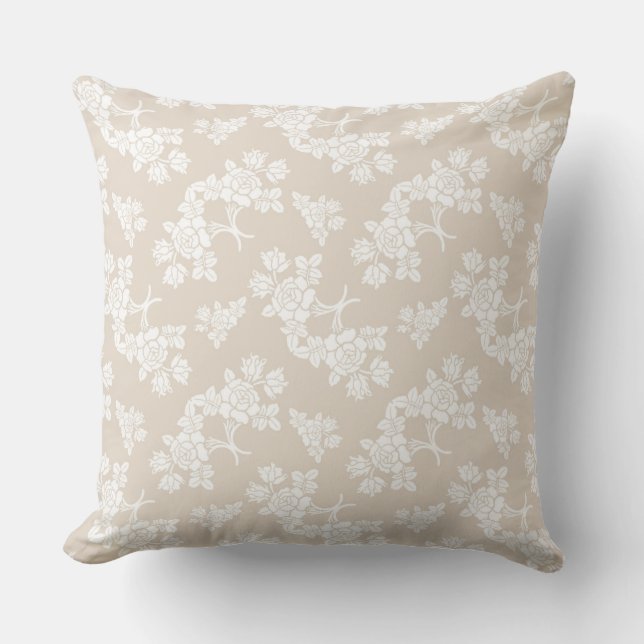 White Roses Pattern over Light Brown Throw Pillow (Front)