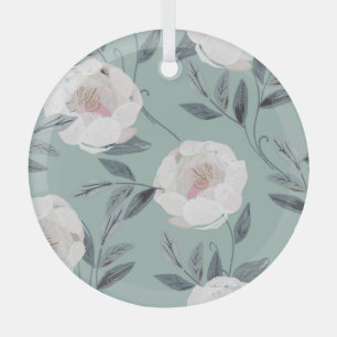 White Roses Peonies: Floral Embroidery. Glass Ornament
