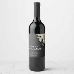 White Roses & Peonies on Dark Charcoal Custom Name Wine Label