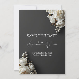 White Roses & Peonies on Dark Charcoal Floral Save The Date