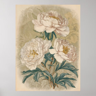 White Roses Peony vintage botanical wall art