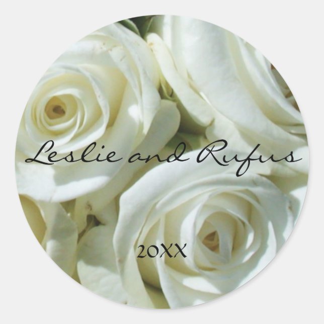 White Roses Personalized Round Wedding Sticker (Front)