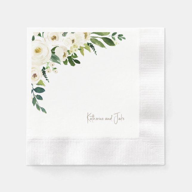 White roses Personalized Script Names Wedding Napkin (Front)