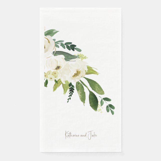 White roses Personalized Script Names Wedding Napkin (Front)