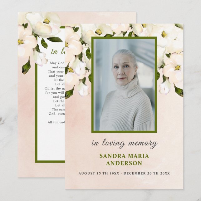 White Roses Photo Funeral Memorial Prayer Card (Front/Back)