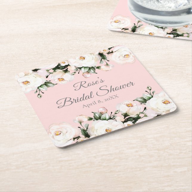 White Roses | Pink Bridal Shower Square Paper Coaster (Angled)