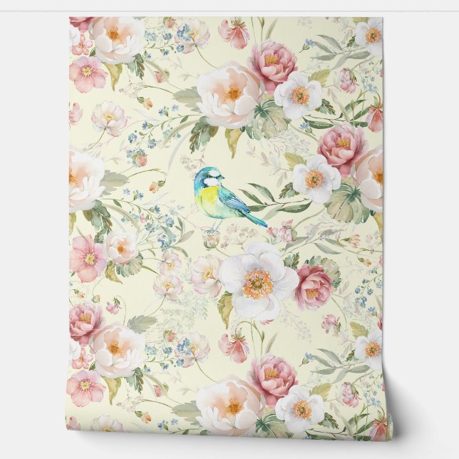 White Roses Pink Peonies Blue Floral Bird on Cream Wallpaper (Unrolling)