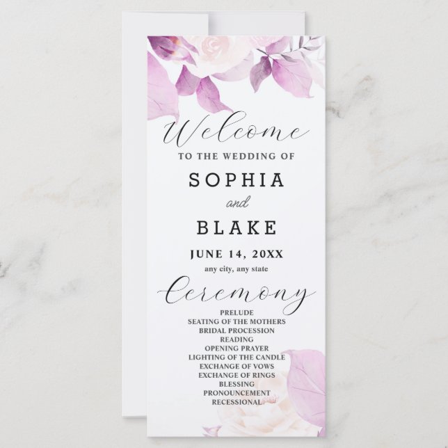 White Roses Purple Leaves White Wedding Program (Front)