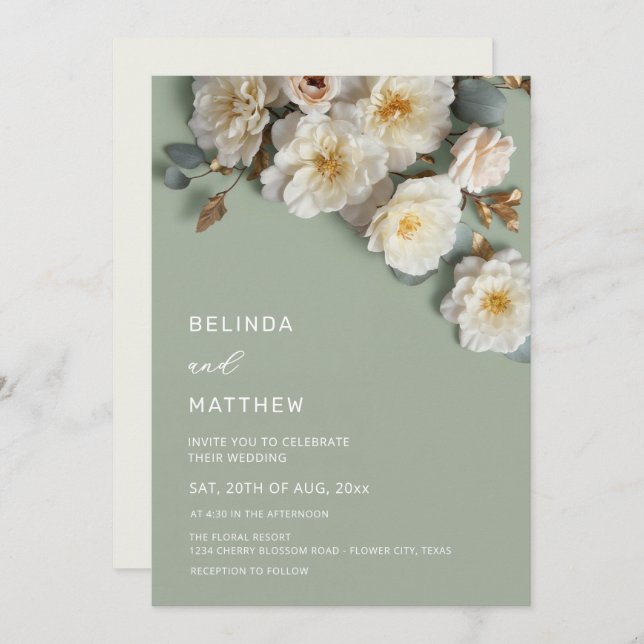 White Roses Realistic Flowers Wedding Invitation (Front/Back)