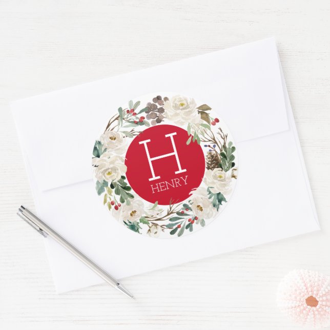 White roses & red berries Christmas wreath Classic Round Sticker (Envelope)
