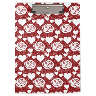 White Roses Red Glitter Flowers Lovers Floral Clipboard