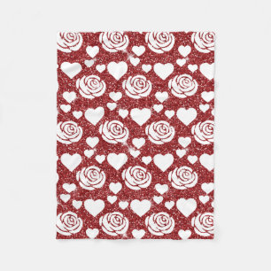 White Roses Red Glitter Flowers Lovers Floral Fleece Blanket