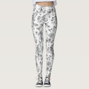 White Roses Repeating Floral Pattern Leggings