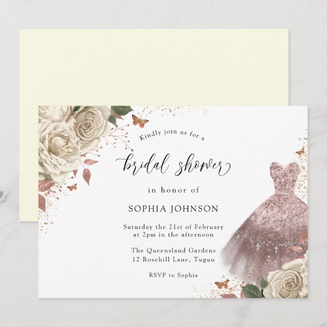 White Roses Rose Gold Sparkle Dress Bridal Shower Invitation (Front/Back)