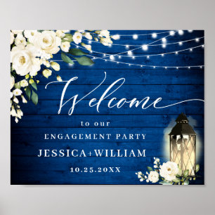 White Roses Royal Blue Wood ENGAGEMENT PARTY Poster
