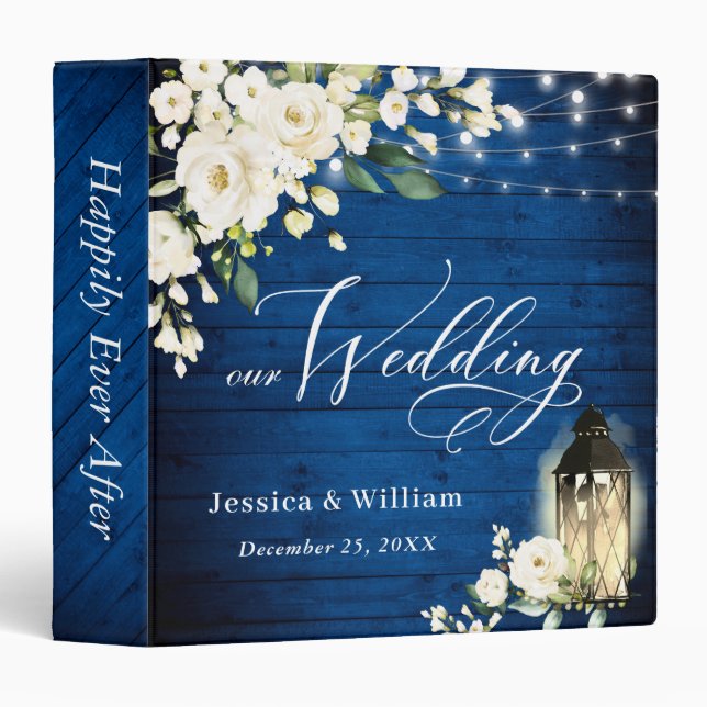White Roses Royal Blue Wood Lantern Wedding Binder (Front/Spine)