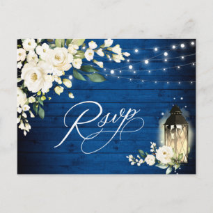 White Roses Royal Blue Wood RSVP Meal Choice Postcard