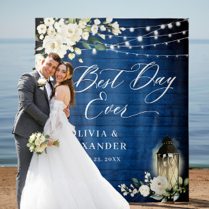 White Roses Royal Blue Wood Wedding Backdrop Tapestry